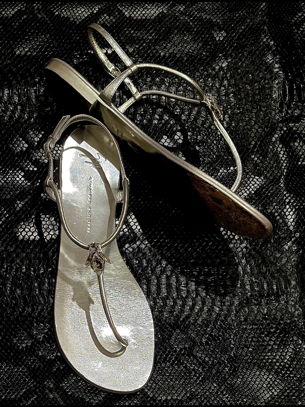 Giuseppe Zanotti Silver Metallic T-Strap Sandals